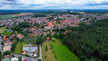 A panoramic aerial view around the old town in Cadolzburg Germany on a cloudy spring morning