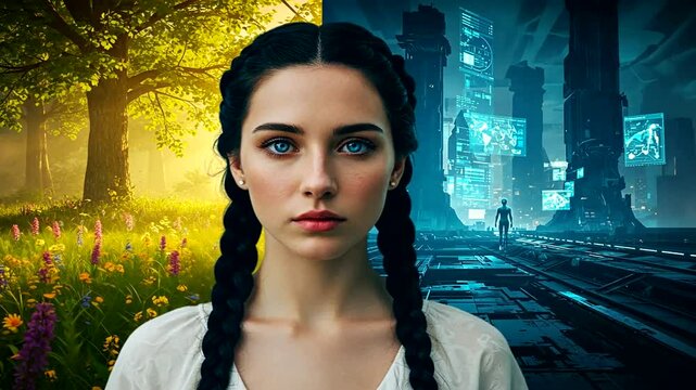 A young woman with braids stands between a vibrant forest and a futuristic cityscape