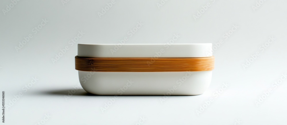 Poster a minimalist white container with a wooden band on a white surface in a studio setting view