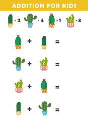 Fototapeta premium Addition for Kids. Fun Math Logic Puzzles for Kids. Math Game with Cute Cactus Illustration. Math Activities for Children.