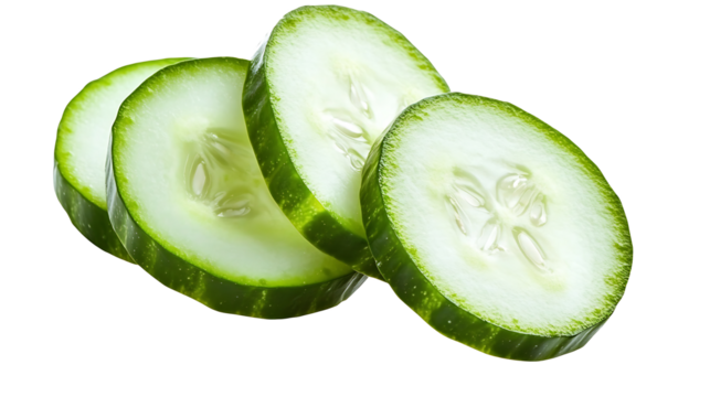 Fresh green cucumber slices, highlight a healthy and organic vegetable ingredient,   Isolated on white background, clipping path included, transparent png.
