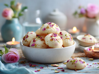Nankhatai cookies with dried rose petal topping.