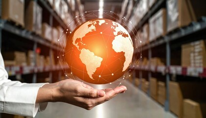 A person holds a glowing digital globe with connected nodes inside a warehouse, symbolizing global logistics and supply chain management.