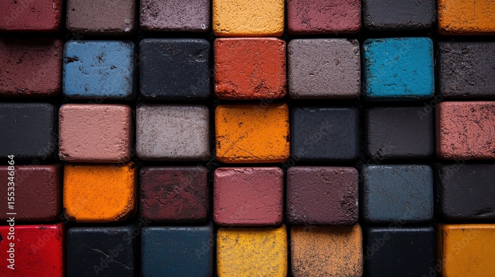 Poster an array of colorful chalk blocks, artistically arranged, displaying a blend of vibrant hues and tex