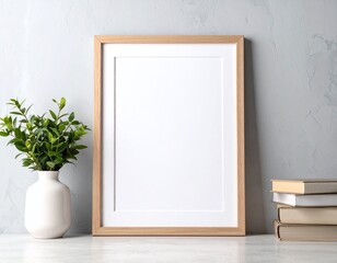 Blank Canvas in Wooden Frame Against Grey Wall