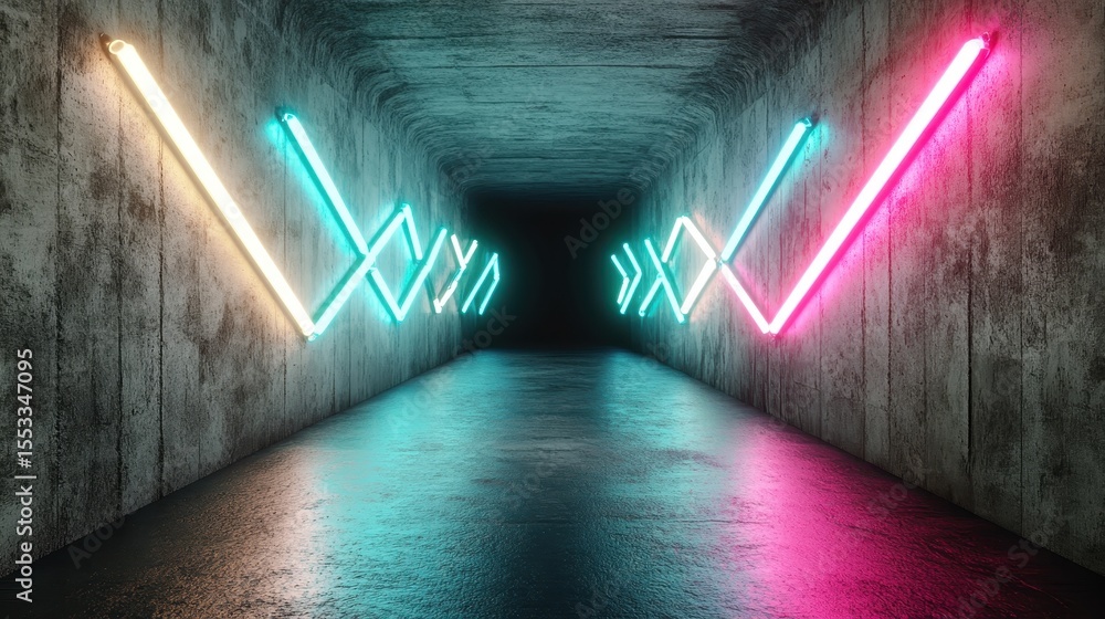 Poster experience a captivating view of a modern tunnel illuminated by neon lights in shades of blue and pi