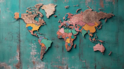 This creative world map features vibrant textures and colors, beautifully illustrating the continents with a vintage flair on a weathered teal background.