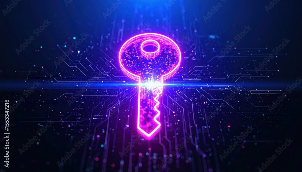 Poster a glowing neon key hovers over a digital circuit board, symbolizing cybersecurity and digital encryp