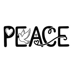Peace Typography Icon with Dove and Heart – Vector Line Art for Harmony, Love, and Unity Campaigns