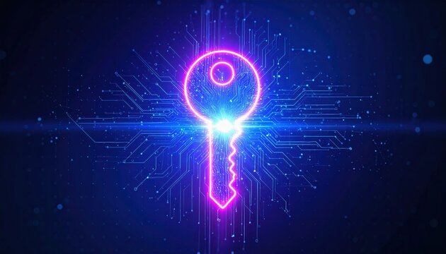 A glowing neon key shape integrated with digital circuit patterns symbolizes cybersecurity and data protection in a futuristic tech environment.