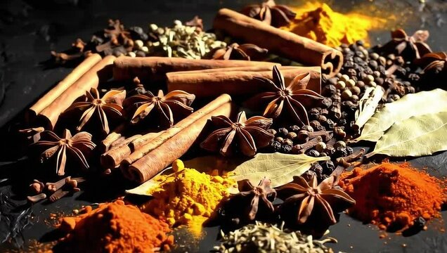 Assorted cooking spices cinnamon star anise bay leaves and peppercorns still life food photography