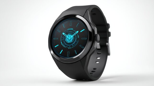 A sleek black smartwatch with a futuristic blue digital interface and a silicone strap is displayed on a plain white background.