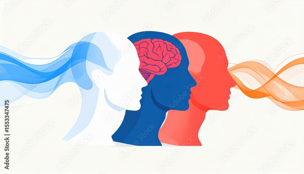 Poster three overlapping human profiles with flowing abstract lines, highlighting a brain in the center fig