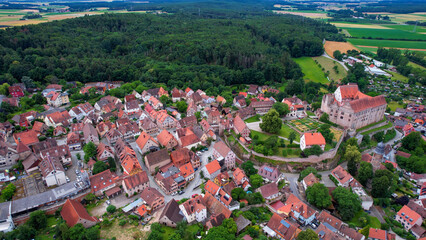 A panoramic aerial view around the old town in Cadolzburg Germany on a cloudy spring morning