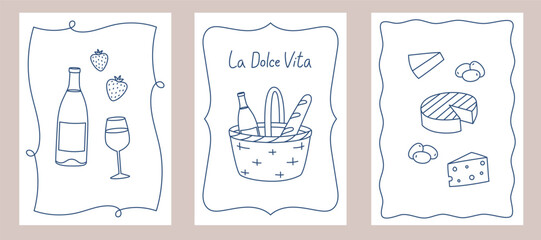 Set of posters with hand drawn outline wicker picnic basket, wine bottle and cheeses. Templates for invitation, menu design, wall art print decor. Vector illustration