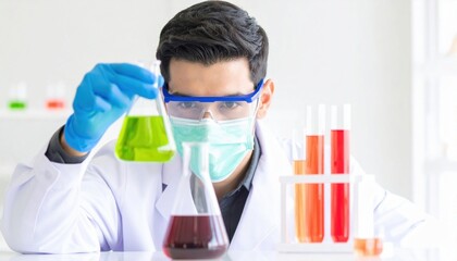 A scientist wearing protective gear conducts experiments with colorful liquids in a laboratory setting.