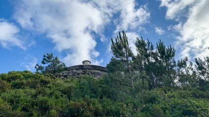 Mysterious hilltop observatory peeks above lush thicket, echoing Earth Day serenity and Celtic...