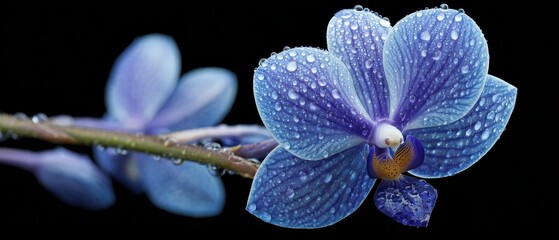 A close-up of a vibrant blue orchid flower covered in water droplets against a dark background.