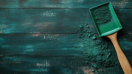 A captivating green powder displayed on a rustic wooden surface highlights its vibrant hue, evoking curiosity and potential in culinary and artistic pursuits.