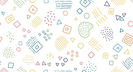 Playful seamless pattern with colorful outlined geometric shapes. Vector pattern.
