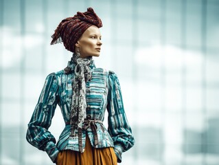 Elegant woman in patterned blouse and turban with confident posture in modern urban setting