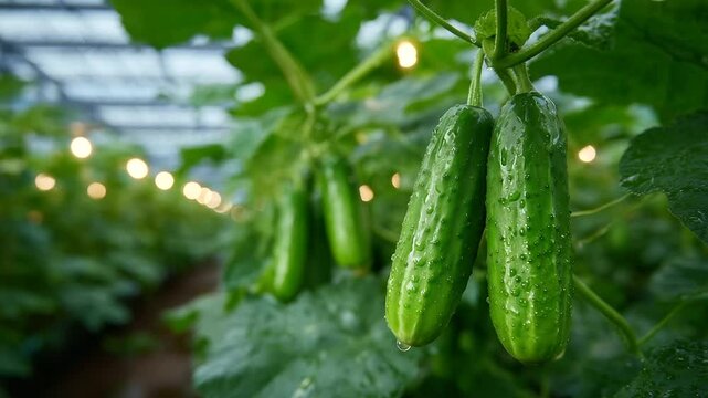 Juicy cucumbers dangle in rows from overhead vines, tiny water droplets catching light in a warm, humid greenhouse atmosphere