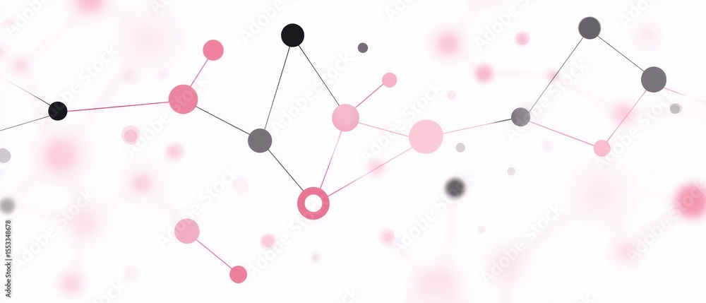 Poster abstract network of interconnected nodes and lines in pink, black, and gray on a white background, r