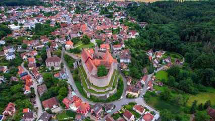 A panoramic aerial view around the old town in Cadolzburg Germany on a cloudy spring morning