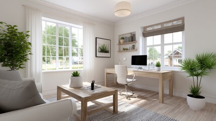 Bright home office with natural light, wooden furniture, green plants, and a cozy sofa, creating a modern and comfortable workspace.