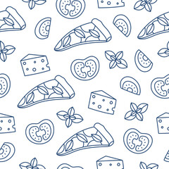 Hand drawn outline pizza, cheese and tomato seamless pattern. Doodle drawing for print, menu design, poster, banner. Vector illustration