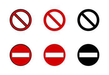 Red No Sign General Prohibition Restricted or Forbidden Circle-Backslash and Stop Do Not Enter Warning Icon Set. Vector Image.