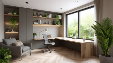 A modern, minimalist home office with a large wooden desk, ergonomic chair, built-in shelves, and large windows offering a view of lush greenery.
