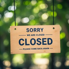 Wooden sign hanging outside a business stating sorry we are closed please come back again
