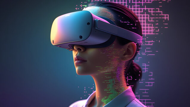 Close-up of a woman wearing a futuristic virtual reality headset, surrounded by colorful digital pixel and code elements. 