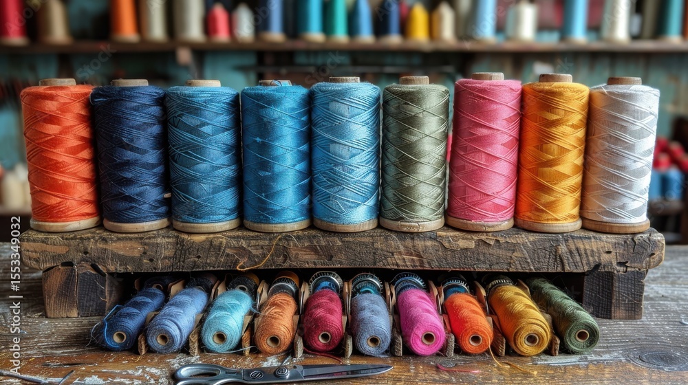 Poster a beautiful display of colorful spools of thread lined up neatly in a craft studio, showcasing the v