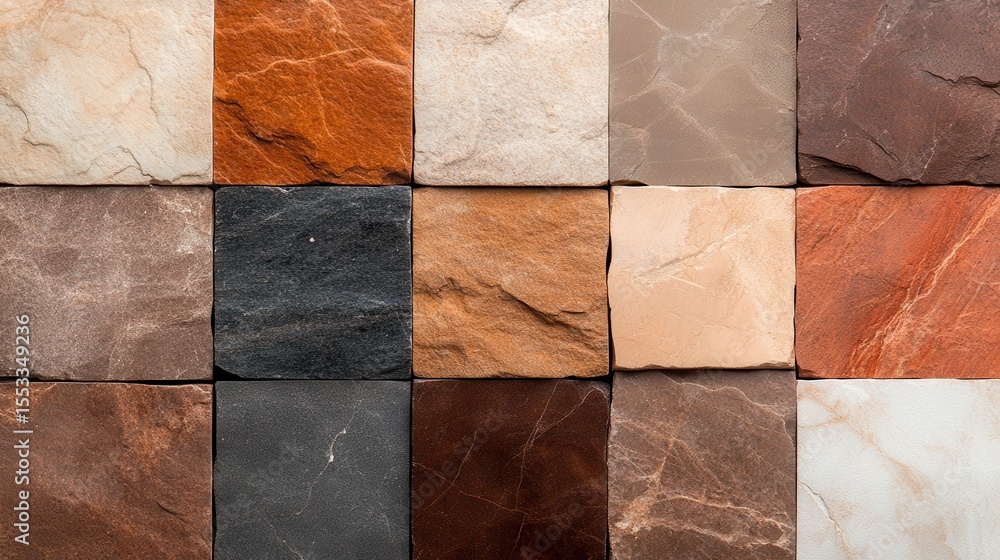 Poster a visually appealing arrangement of various stone tiles displaying unique textures and colors, demon