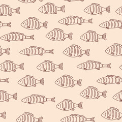Seamless pattern with hand drawn brown outline grilled fish on pink background. Doodle drawing for menu design, print, poster, banner. Vector illustration