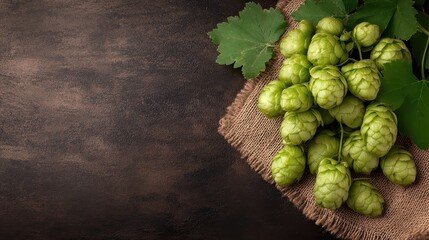 A close-up view of vibrant green hops arranged on a rustic tapestry, ideal for brewing enthusiasts and craft beer lovers showcasing nature's bounty.