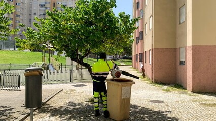 Neon-clad worker, urban harmony, recycling day journey, multicultural male, transformative alley,...