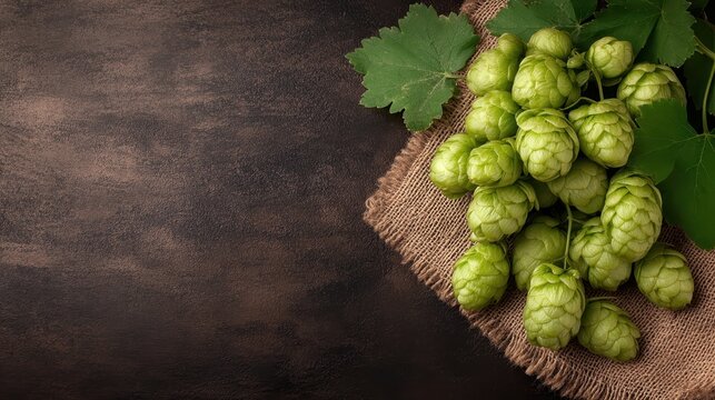 A close-up view of vibrant green hops arranged on a rustic tapestry, ideal for brewing enthusiasts and craft beer lovers showcasing nature's bounty.
