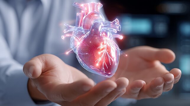 Human Heart Model in Hands with Technology and 3D Visualization