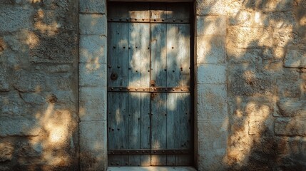 A vintage door with iron strips placed over wooden panels, embedded in the stone structure of an old house, with sunlight casting shadows on the textured surface.