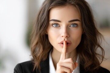 Naklejka premium A woman holds a finger to her lips signaling for silence