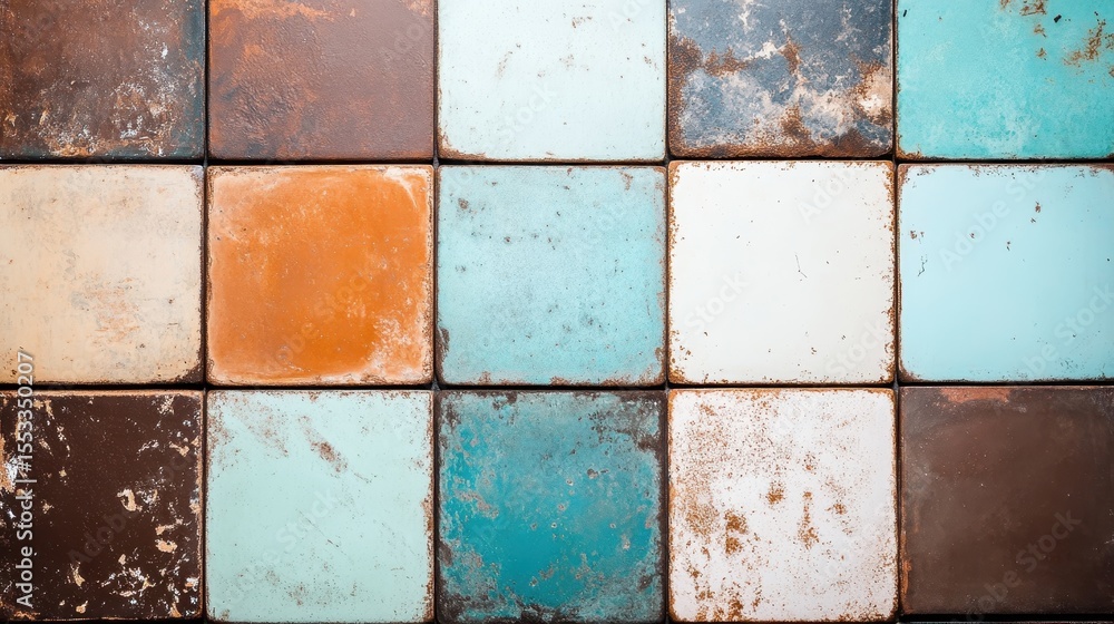 Poster a flat lay of rustic, colorful tiles with a mixture of textures, evoking a sense of nostalgia while 