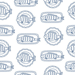 Seamless pattern with hand drawn blue outline grilled fish on the plates. Doodle drawing for menu design, print, poster, banner. Vector illustration