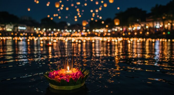 A vibrant decorated floral krathong with a candle and incense floats in a river during the Yi Peng and Loy Krathong festival, a traditional Thai celebration of light.
