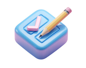 3D icon of a blue document with a checklist and pencil.