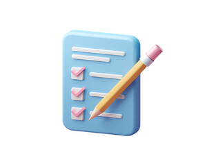 3D icon of a blue document with a checklist and pencil.
