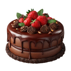 Chocolate cake with strawberries isolated on transparent background