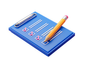 3D icon of a blue document with a checklist and pencil.